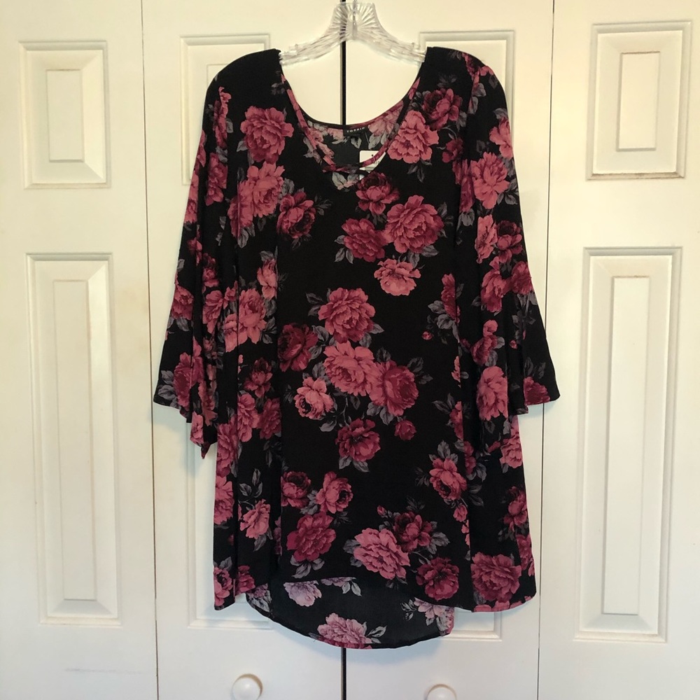 Black Floral Bell Sleeve Top